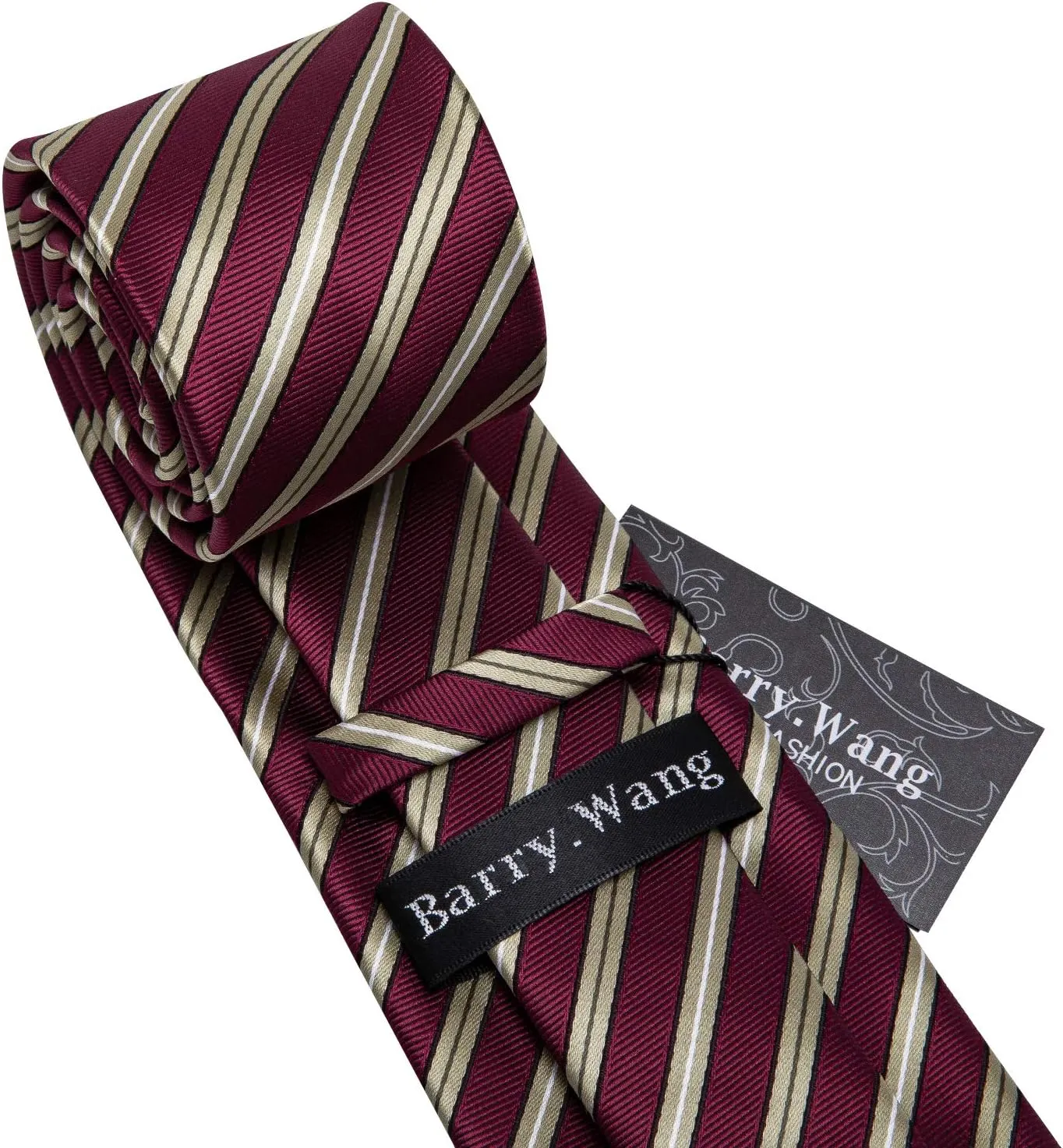 Barry.Wang Stripe Men Ties Set Classic WOVEN Necktie with Handkerchief Cufflinks Formal