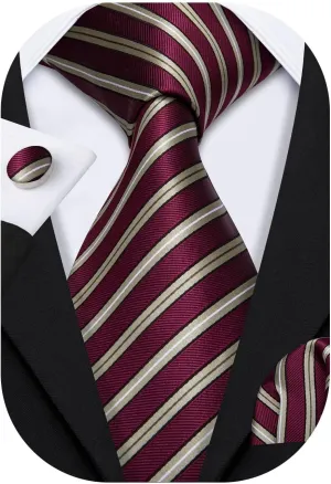 Barry.Wang Stripe Men Ties Set Classic WOVEN Necktie with Handkerchief Cufflinks Formal