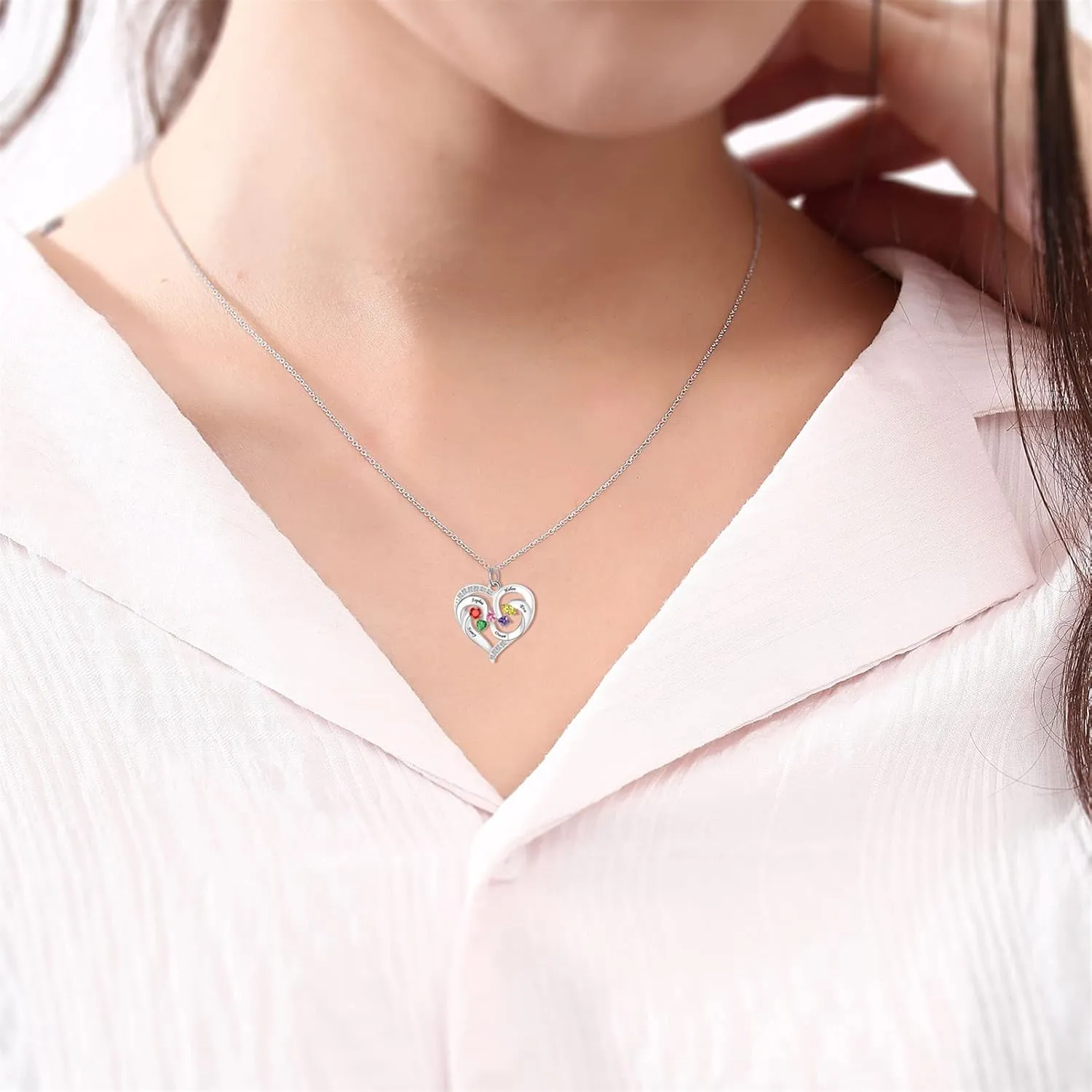 BAUMA AUTO 925 Sterling Silver Personalized Mother Heart Necklace with 1-5 Simulated Birthstones Mother Women Necklaces Custom Engraved Names Family Jewelry Gift for Mom Grandma