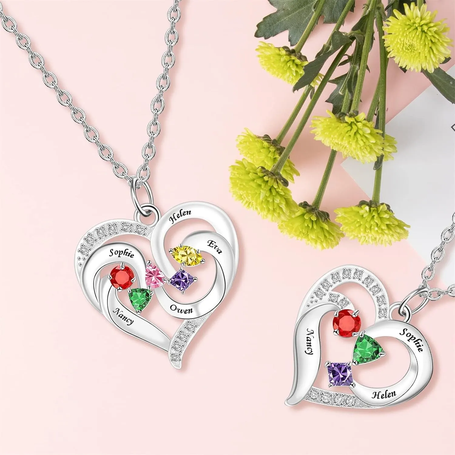 BAUMA AUTO 925 Sterling Silver Personalized Mother Heart Necklace with 1-5 Simulated Birthstones Mother Women Necklaces Custom Engraved Names Family Jewelry Gift for Mom Grandma