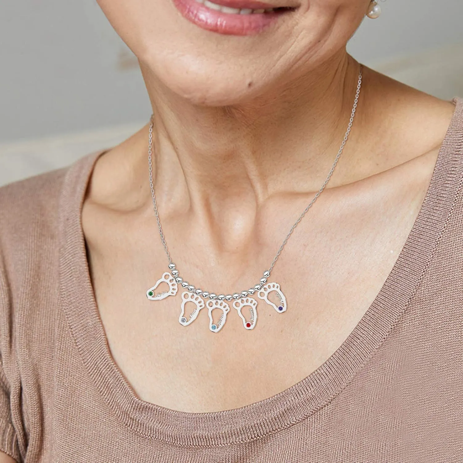 BAUMA AUTO Personalized Mother Name Necklace 1-8 Custom Baby Feet Pendant Necklace for Mom with Simulated Birthstone Free Engraving Baby Name or Date Family Jewelry for Mother's day Christmas Gift