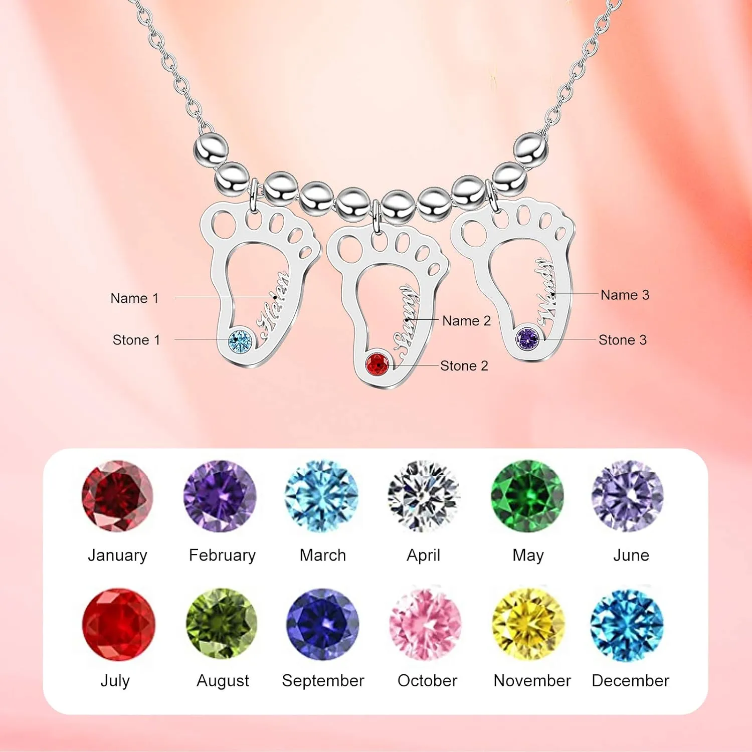 BAUMA AUTO Personalized Mother Name Necklace 1-8 Custom Baby Feet Pendant Necklace for Mom with Simulated Birthstone Free Engraving Baby Name or Date Family Jewelry for Mother's day Christmas Gift