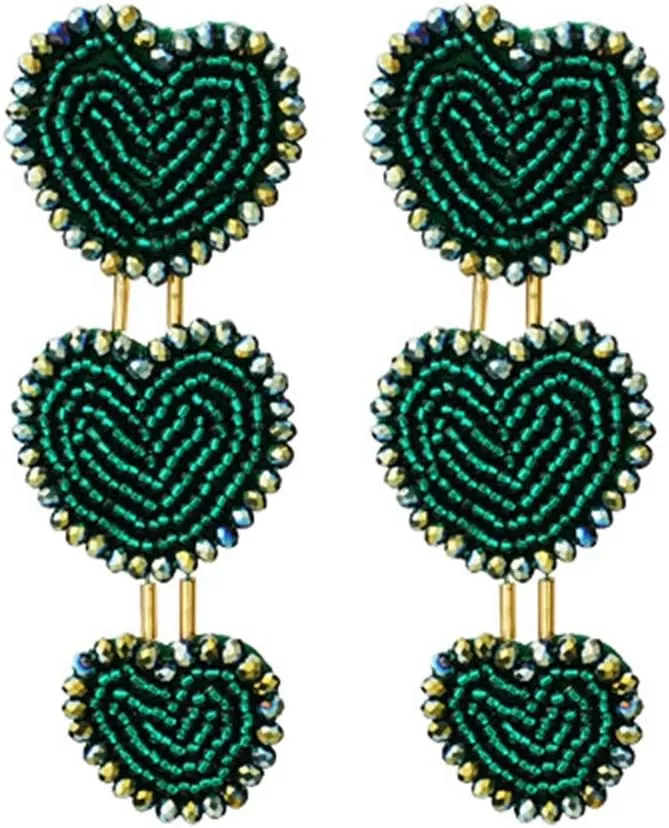 Beaded Heart Dangle Earrings Bohemian Statement Handmade Seed Beads Heart Statement Earrings Ethnic Boho Native Large Heart Beaded Drop Earrings for Women Girls Valentine's Day