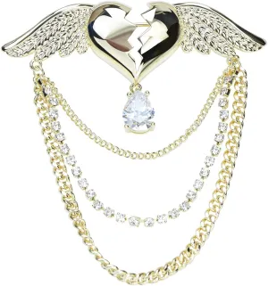 Beating Heart with Angel Wings Brooch Lapel Pin Tassel Collar Pin Crystal Love Heart Brooch Badge