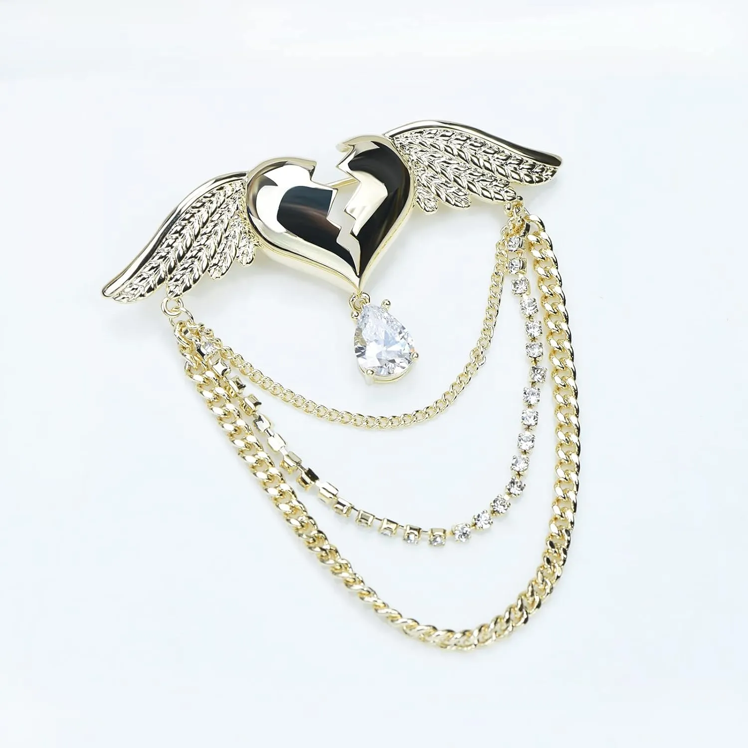 Beating Heart with Angel Wings Brooch Lapel Pin Tassel Collar Pin Crystal Love Heart Brooch Badge