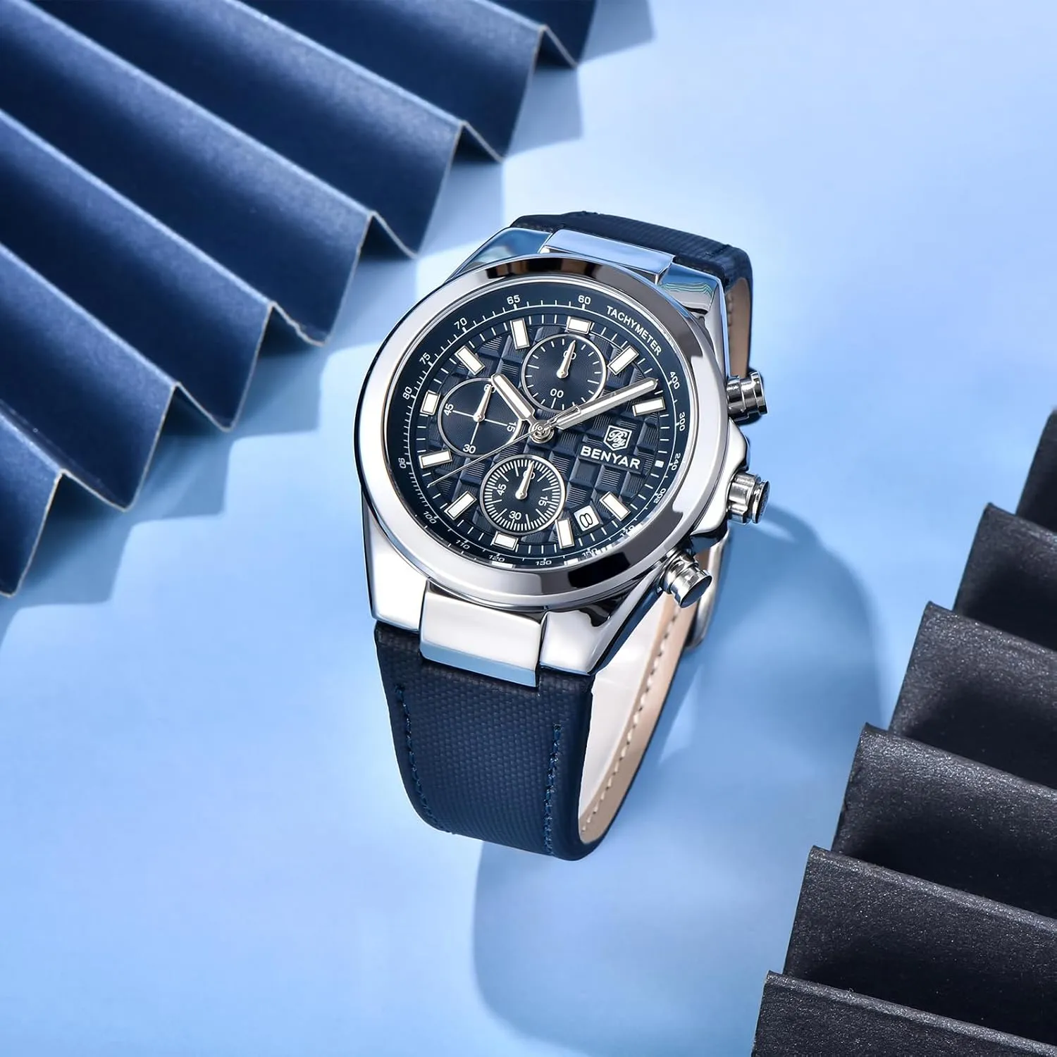 BENYAR Quartz Movement Chronograph 30M Waterproof Luminous Date Classic Leather Strap Men's Watches