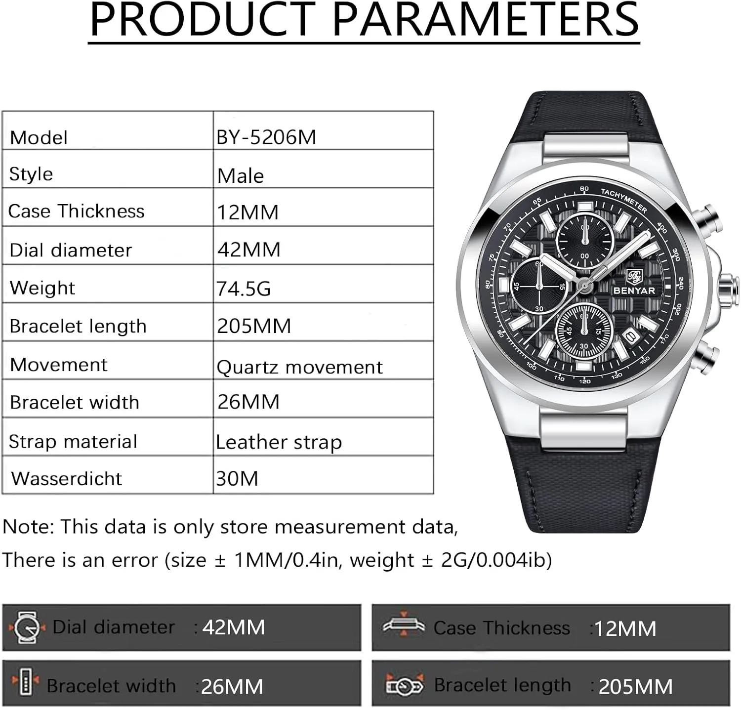BENYAR Quartz Movement Chronograph 30M Waterproof Luminous Date Classic Leather Strap Men's Watches
