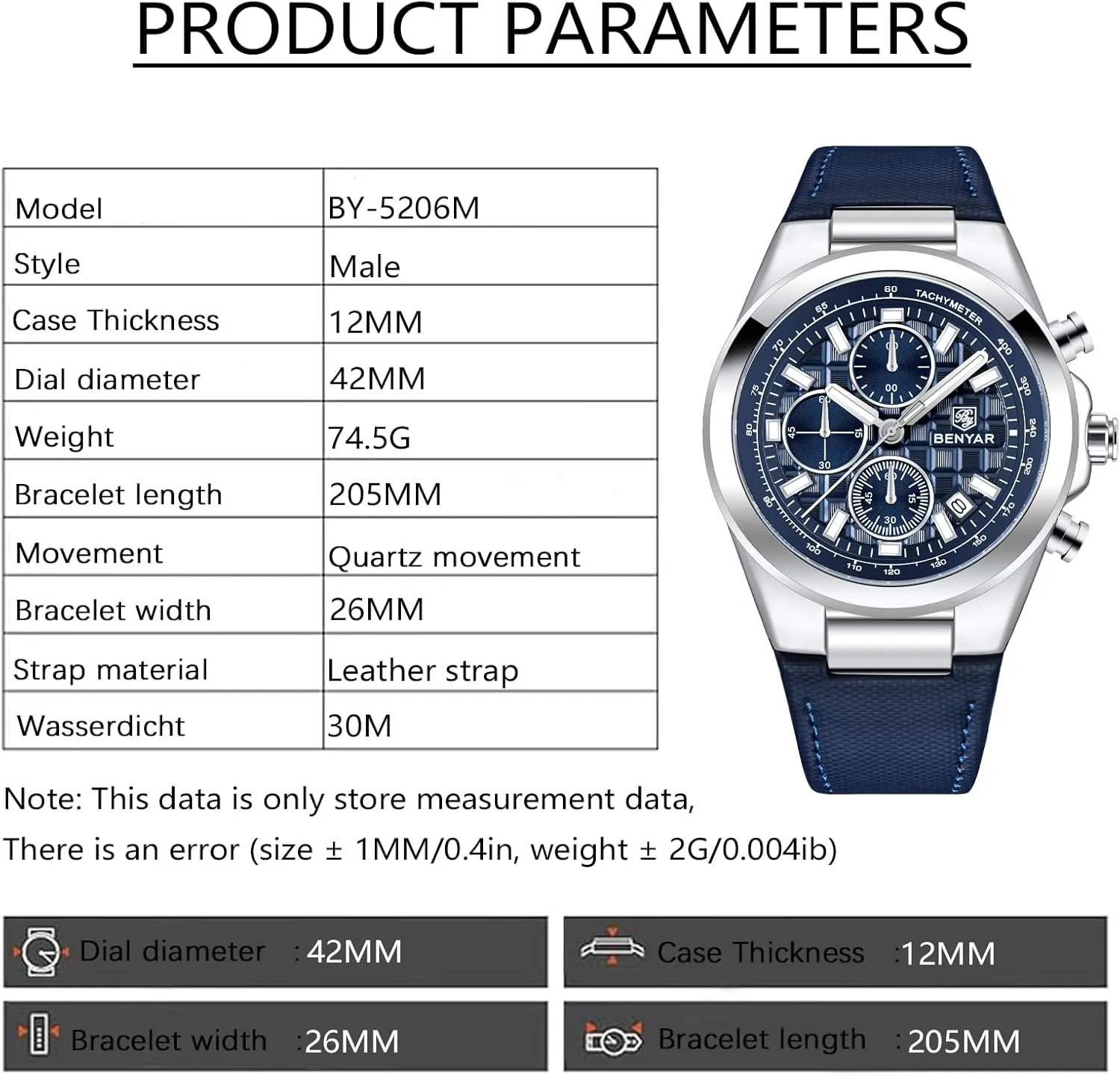 BENYAR Quartz Movement Chronograph 30M Waterproof Luminous Date Classic Leather Strap Men's Watches