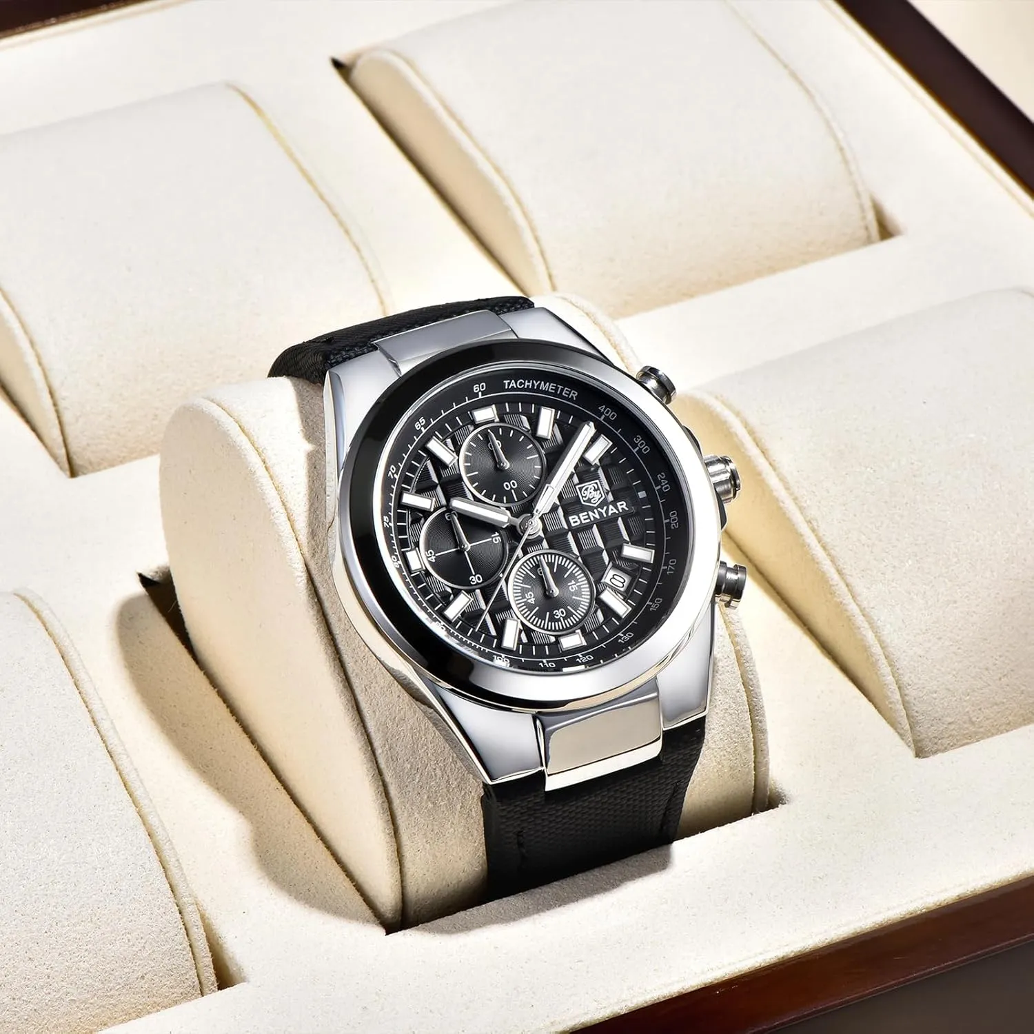 BENYAR Quartz Movement Chronograph 30M Waterproof Luminous Date Classic Leather Strap Men's Watches