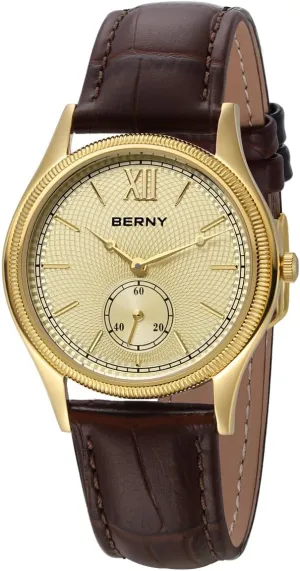 BERNY Gold Watch for Men Waterproof Men's Wristwatch Fashion Analog Quartz Watches Male Vintage Men Watch Classic Roman Numeral Marker Stainless Steel Case Genuine Leather Band Luxury Birthday Present