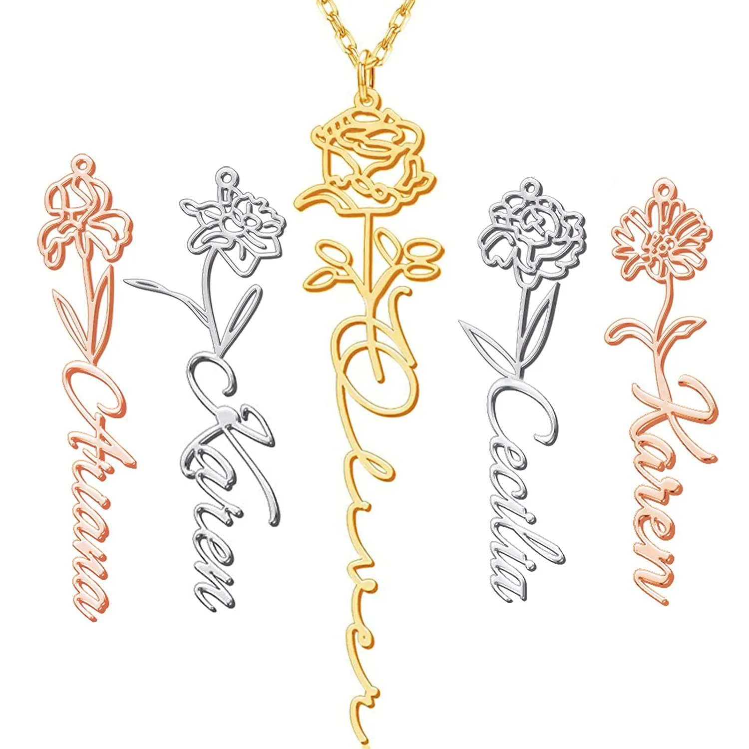 Birth Flower Necklace Custom Name Necklace Personalized Birth Month Dainty Flower Necklace in 18K Gold Plated Engrave Birth Flower Name Necklace for Women Her Mom Sisters Girls
