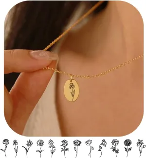 Birth Flower Necklace for Women 18k Gold Plated Custom Floral Pendant Necklaces Dainty Birth Month Flower Oval Coin Pendant Necklace Personalized Jewelry For Her