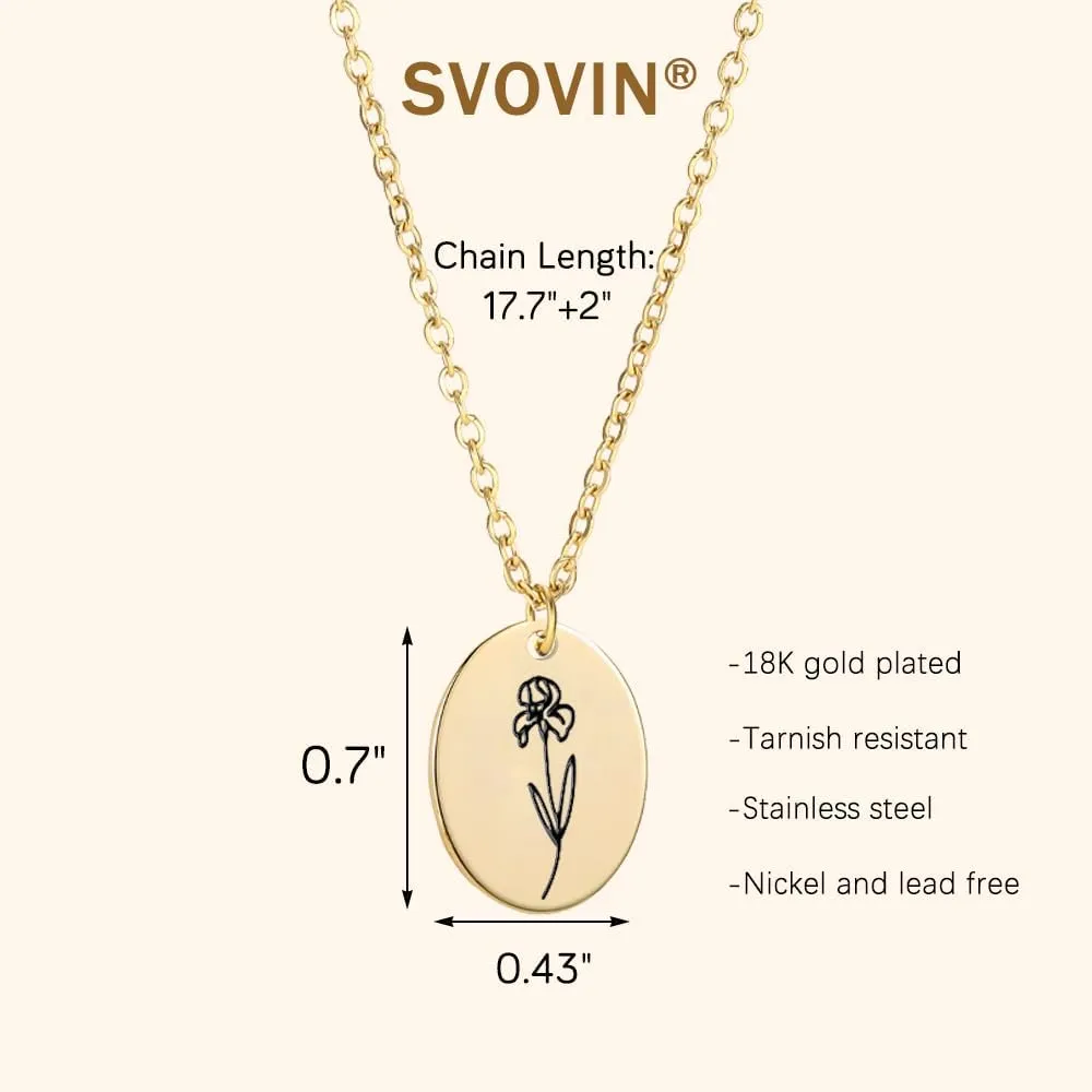 Birth Flower Necklace for Women 18k Gold Plated Custom Floral Pendant Necklaces Dainty Birth Month Flower Oval Coin Pendant Necklace Personalized Jewelry For Her