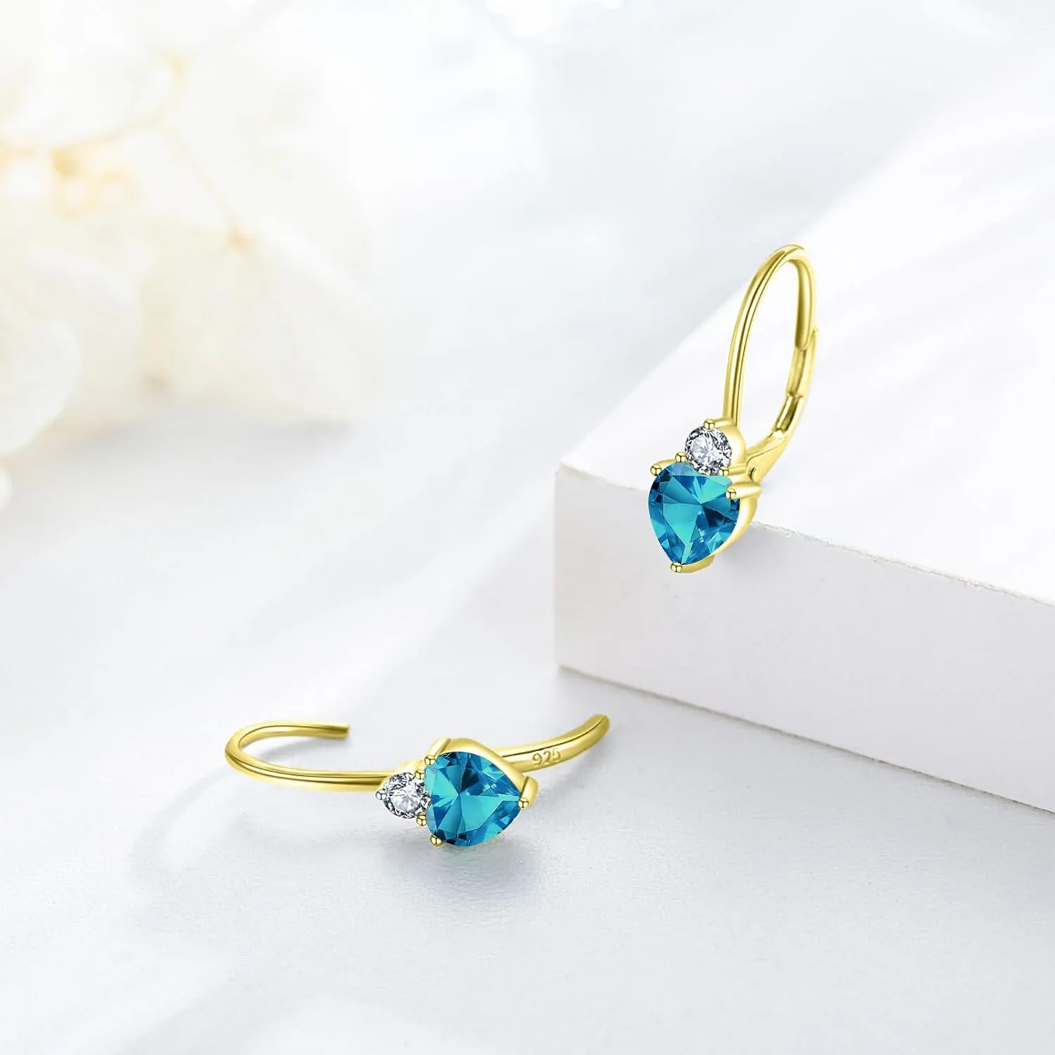 Birthstone Earrings Dangle Sterling Silver Leverback Birthstone CZ Heart Dangle Birthstone Jewelry Gifts for Women Birthday Mother's Day