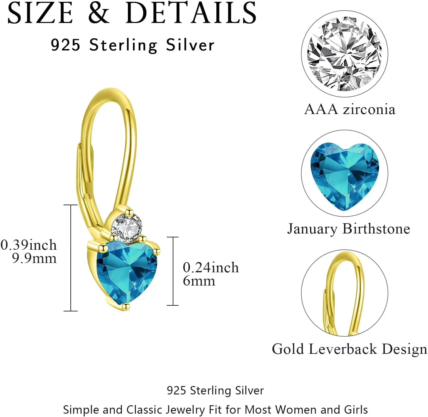 Birthstone Earrings Dangle Sterling Silver Leverback Birthstone CZ Heart Dangle Birthstone Jewelry Gifts for Women Birthday Mother's Day