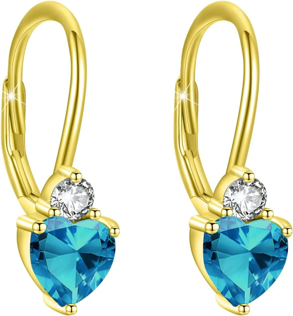Birthstone Earrings Dangle Sterling Silver Leverback Birthstone CZ Heart Dangle Birthstone Jewelry Gifts for Women Birthday Mother's Day