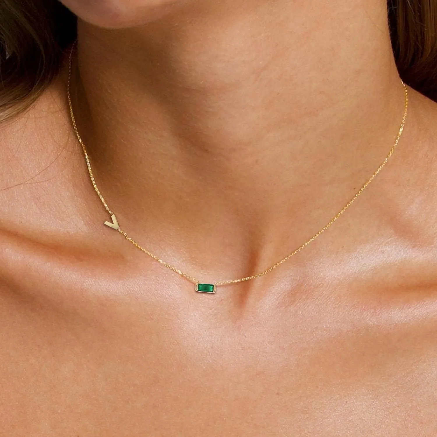 Birthstone Initial Necklaces for Women - 18K Gold Plated Sideway Initial Necklace Dainty A-Z Pendant Necklace Emerald Birthstone Initial Necklace Gold Neckalce for Women Jewelry Gifts