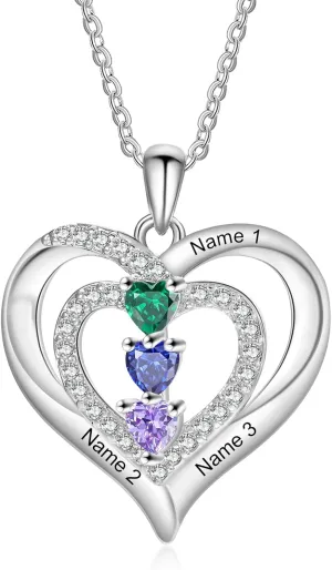 Birthstone Necklace for Women,Gifts for Mothers Day Personalized Heart Pendant Necklace with Birthstones,Custom Engraved Name Necklace Jewelry Gift for Mom Wife Grandma