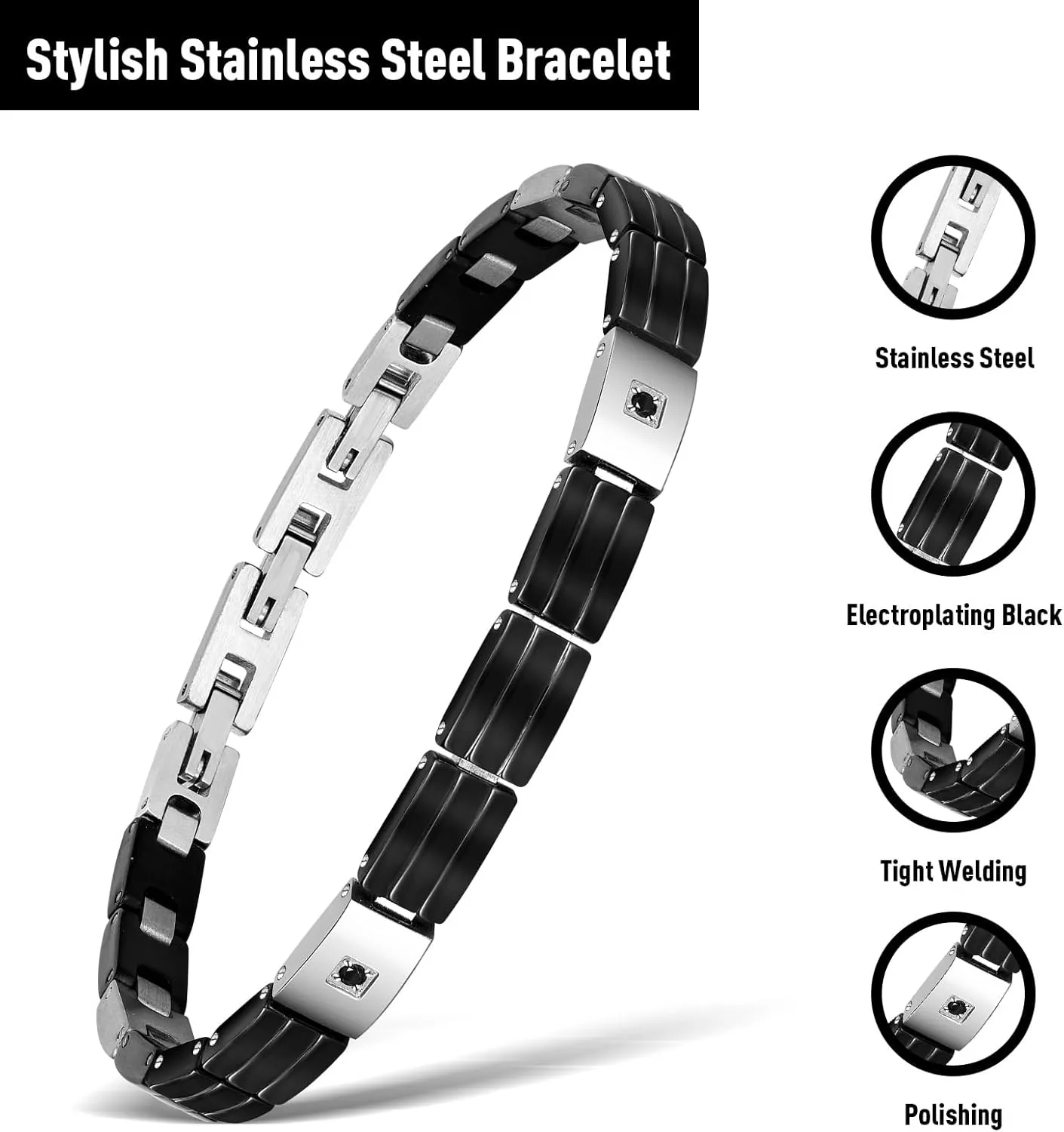 Black Bracelets for Men, Link Chain Stainless Steel Bracelet for Men, Charm Jewelry for Birthday Annivesary Fathers Day Valentines, Dad Husband Boyfriend,Casual Trendy Cool Adjustable