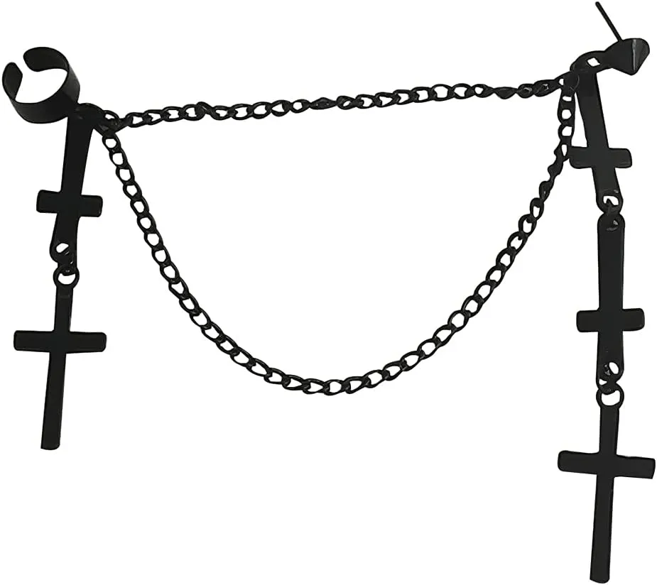 Black Punk Cuff Tassel Chain Earrings Stainless Steel Cross Ear Cuff Crawler Climer Earring for Women Men Multi Layered Chain Drop Fashion Jewelry