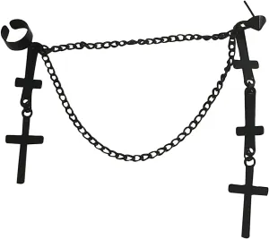 Black Punk Cuff Tassel Chain Earrings Stainless Steel Cross Ear Cuff Crawler Climer Earring for Women Men Multi Layered Chain Drop Fashion Jewelry