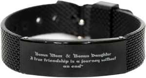 Black Stainless Steel Bracelet, Mom & daughter A true friendship, Engraved Gift for Mom Adjustable Link Bracelet, Small