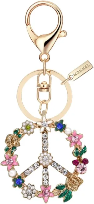 Bling Crystal Flower Peace Sign Key Ring Creative Packaging MZ843-1