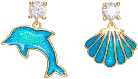 Blue Dolphin Seashell Asymmetrical Dangle Drop Earrings for Women 925 Sterling Silver Crystal Cubic Zirconia Cartilage Piercing Hypoallergenic Studs Enamel Sea Ocean Animal And Shell Charm Earring Cute Jewelry for Daughters Birthday
