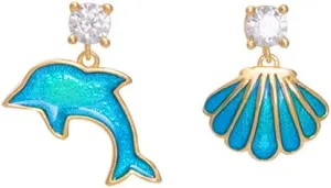 Blue Dolphin Seashell Asymmetrical Dangle Drop Earrings for Women 925 Sterling Silver Crystal Cubic Zirconia Cartilage Piercing Hypoallergenic Studs Enamel Sea Ocean Animal And Shell Charm Earring Cute Jewelry for Daughters Birthday