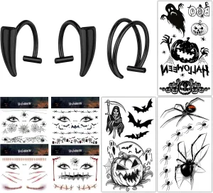 BodyAce Halloween Fake Piercings Lip Rings, Vampire Teeth Lip Cuff Double Hoop Nose Rings, Goth Cyberpunk Face Lip Jewelry With Fake Tattoos Sticker