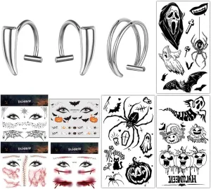 BodyAce Halloween Fake Piercings Lip Rings, Vampire Teeth Lip Cuff Double Hoop Nose Rings, Goth Cyberpunk Face Lip Jewelry With Fake Tattoos Sticker