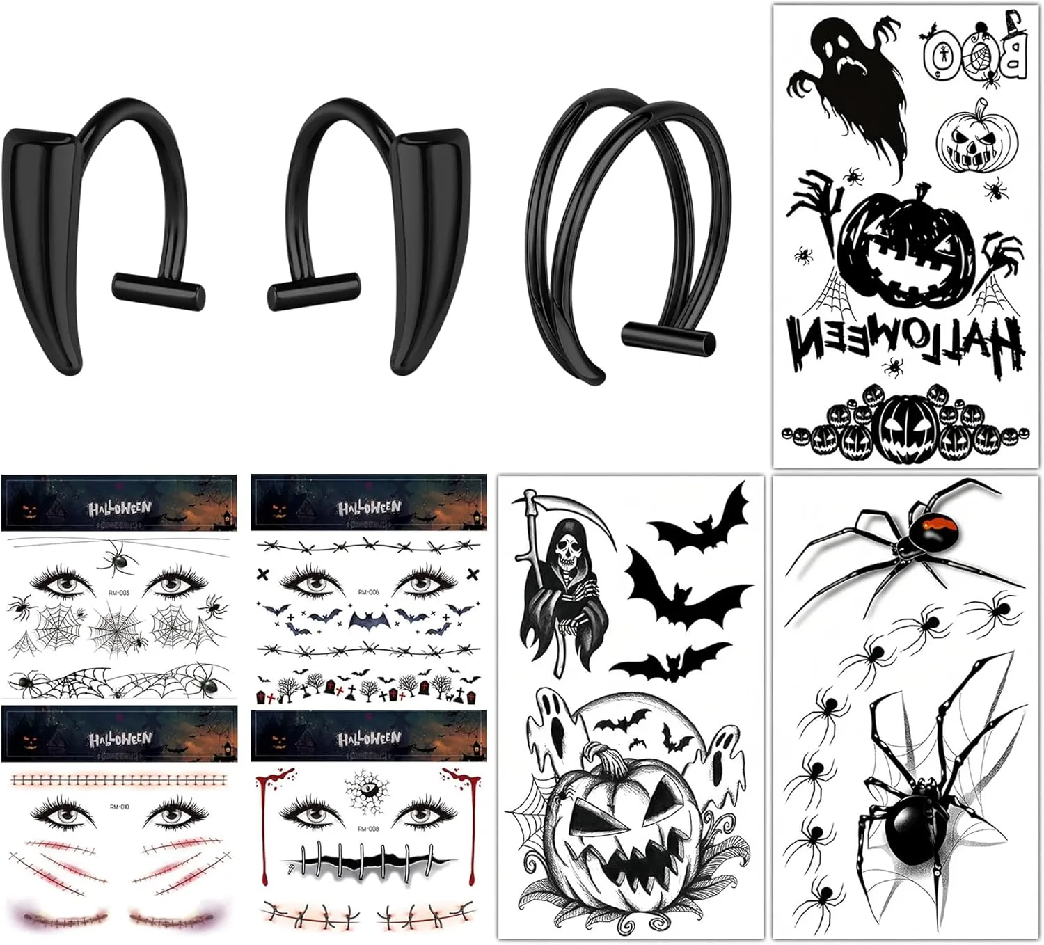 BodyAce Halloween Fake Piercings Lip Rings, Vampire Teeth Lip Cuff Double Hoop Nose Rings, Goth Cyberpunk Face Lip Jewelry With Fake Tattoos Sticker