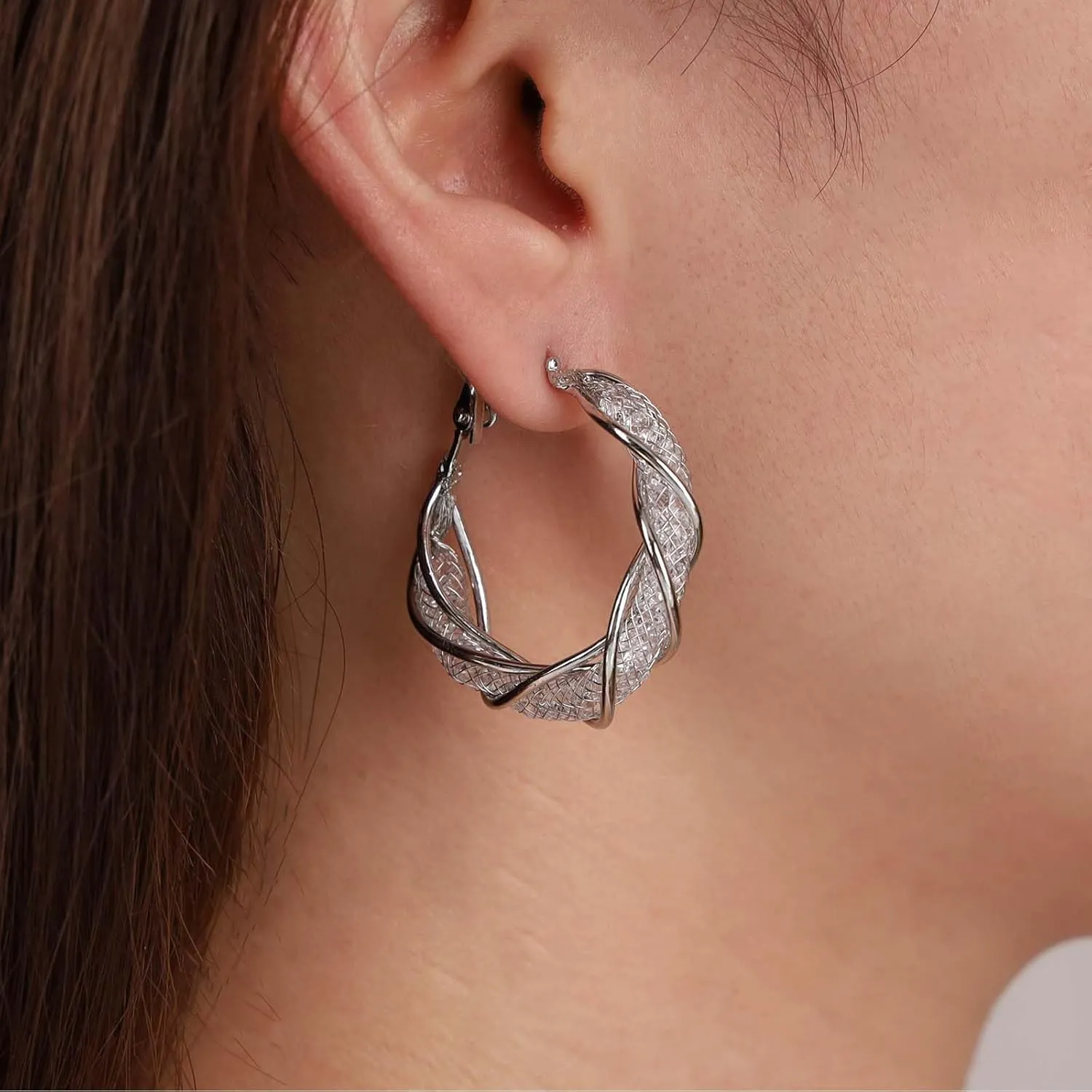 Bohemian Crystal Hollow Circle Earrings Silver Cz Filigree Hoop Earrings Mesh Twist Rope Hoop Earrings Rhinestone Twist Circle Earrings Jewelry for Women and Girls Gifts