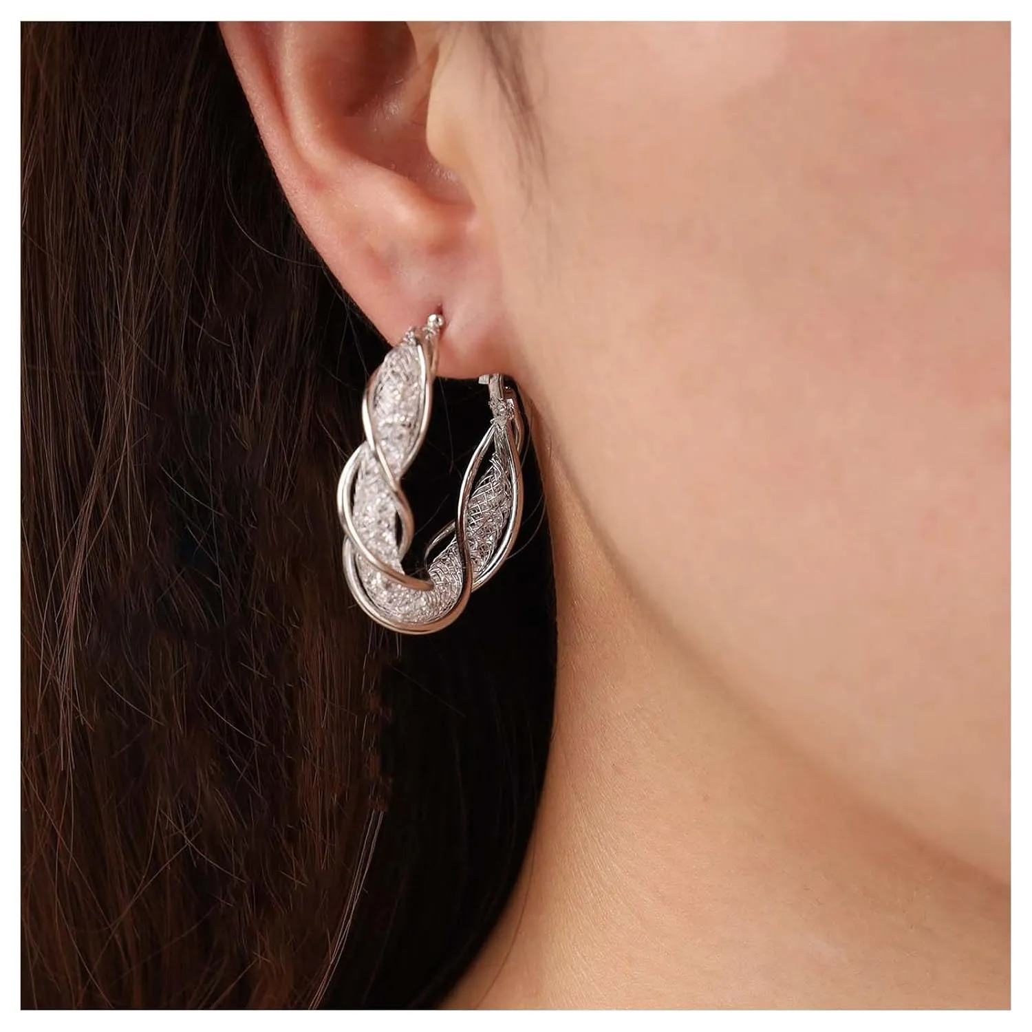 Bohemian Crystal Hollow Circle Earrings Silver Cz Filigree Hoop Earrings Mesh Twist Rope Hoop Earrings Rhinestone Twist Circle Earrings Jewelry for Women and Girls Gifts