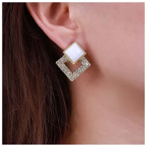 Bohemian Gold Cz Hollow Square Stud Earrings - Geometric Gemstone Earrings - Paved Double Square Drop Earrings - Jewelry for Women and Girls