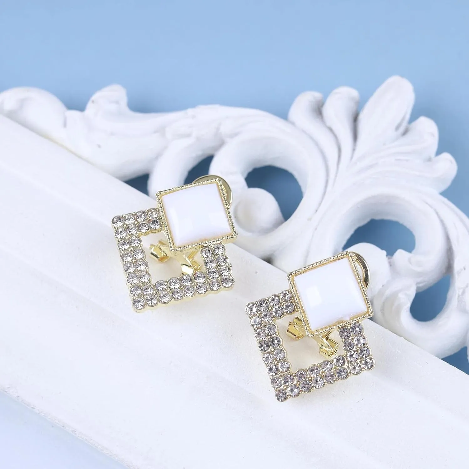Bohemian Gold Cz Hollow Square Stud Earrings - Geometric Gemstone Earrings - Paved Double Square Drop Earrings - Jewelry for Women and Girls