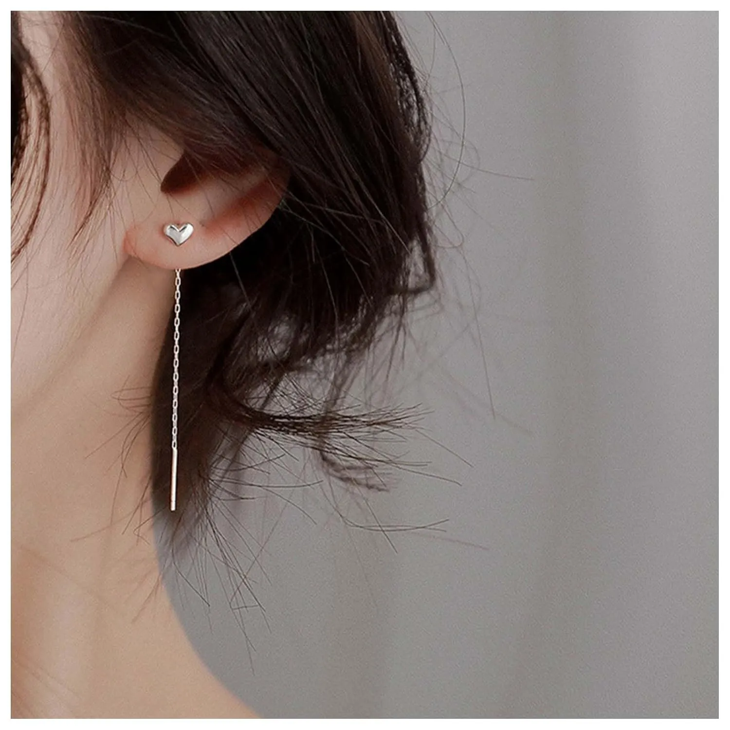 Bohemian Heart Ear Jacket Earrings Silver Heart Stud Earrings Long Tassel Chain Earrings Bar Pull Through Earrings Jewelry for Women and Girls Gifts