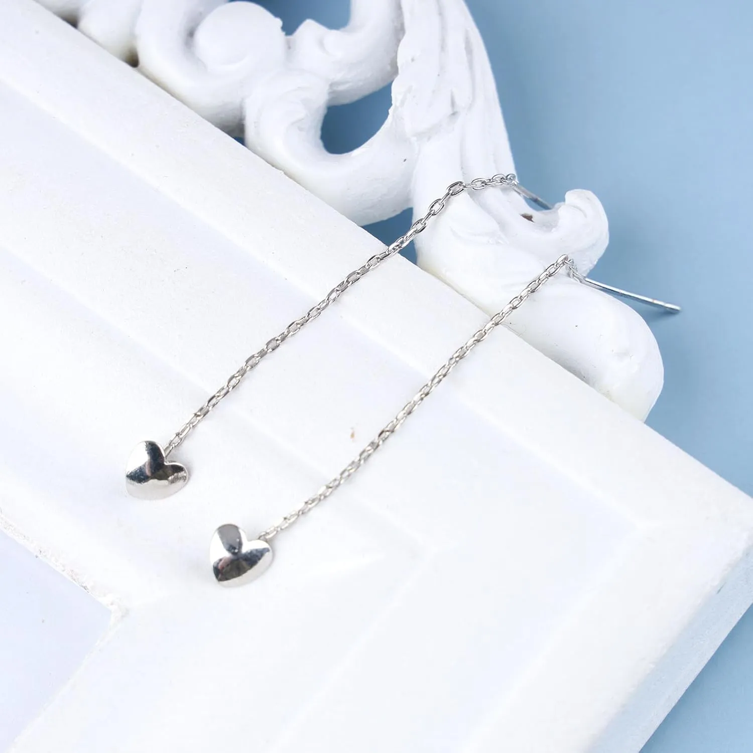 Bohemian Heart Ear Jacket Earrings Silver Heart Stud Earrings Long Tassel Chain Earrings Bar Pull Through Earrings Jewelry for Women and Girls Gifts