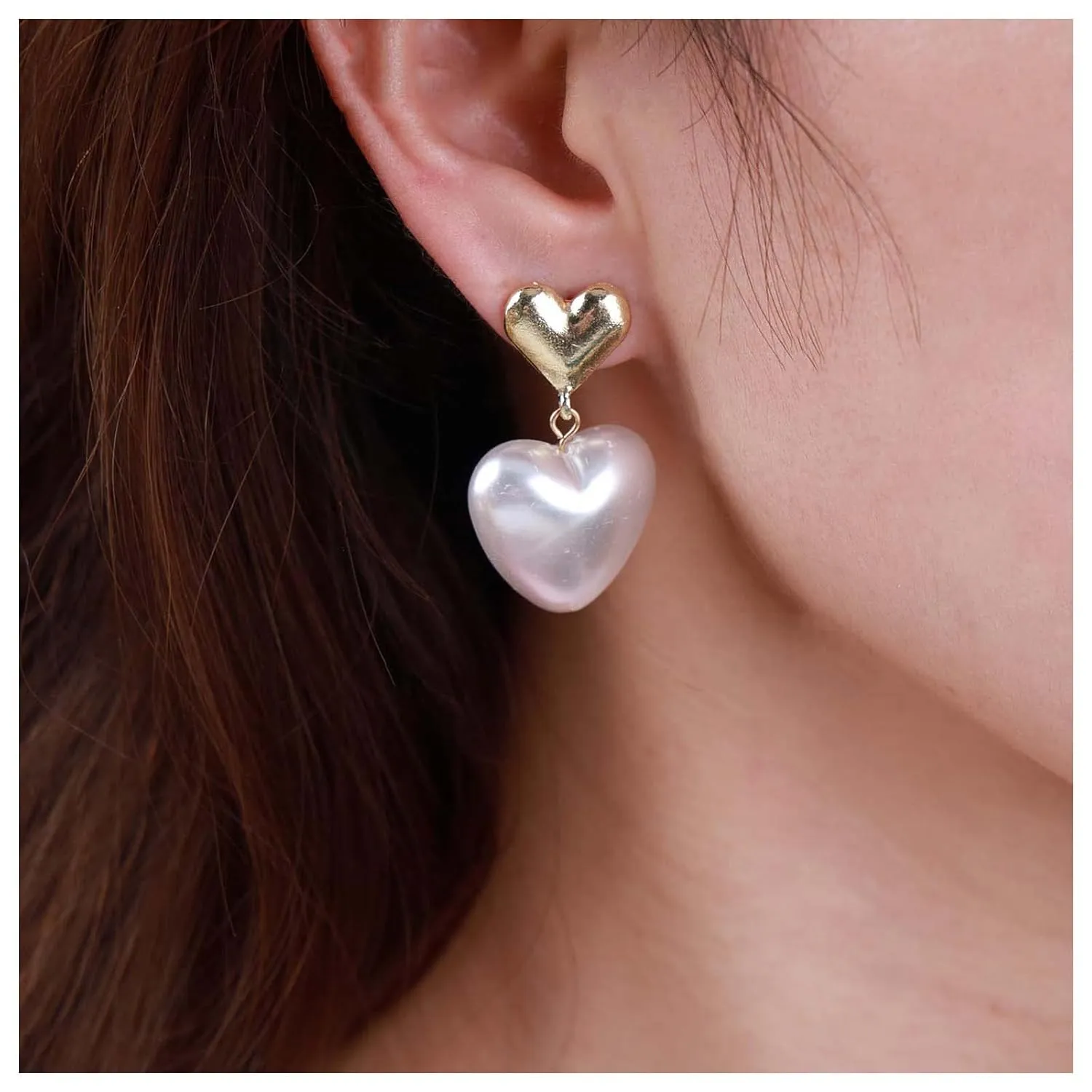 Bohemian Pearl Heart Dangle Earrings Gold Puffed Heart Earrings Puffy Pearl Heart Stud Earrings Love Heart Pearl Earrings Jewelry for Women and Girls Gifts