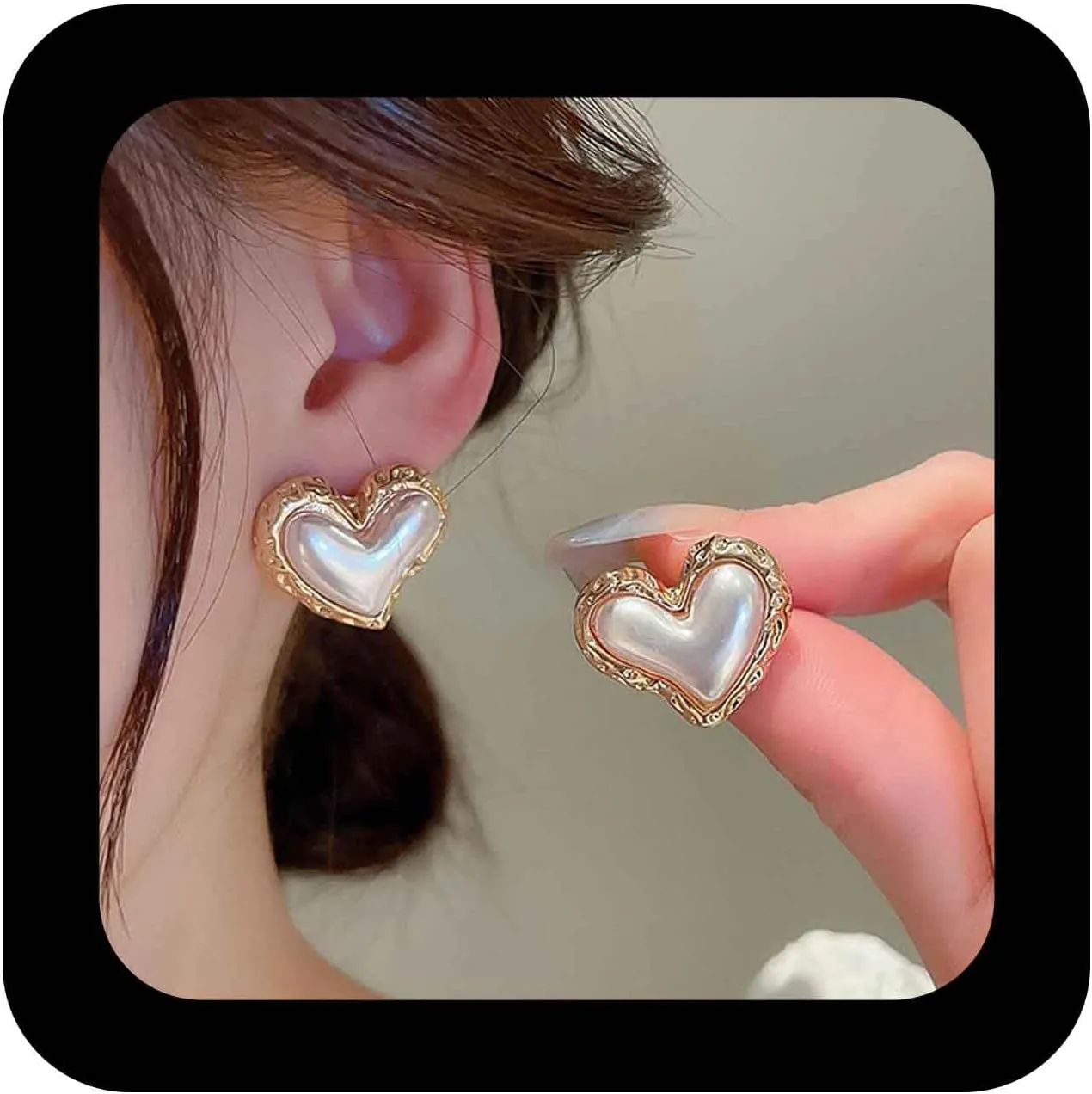 Bohemian Puffy Pearl Stud Earrings Gold Heart Pearl Earrings Puffed Heart Pearl Earrings Love Heart Pearl Stud Earrings Jewelry for Women