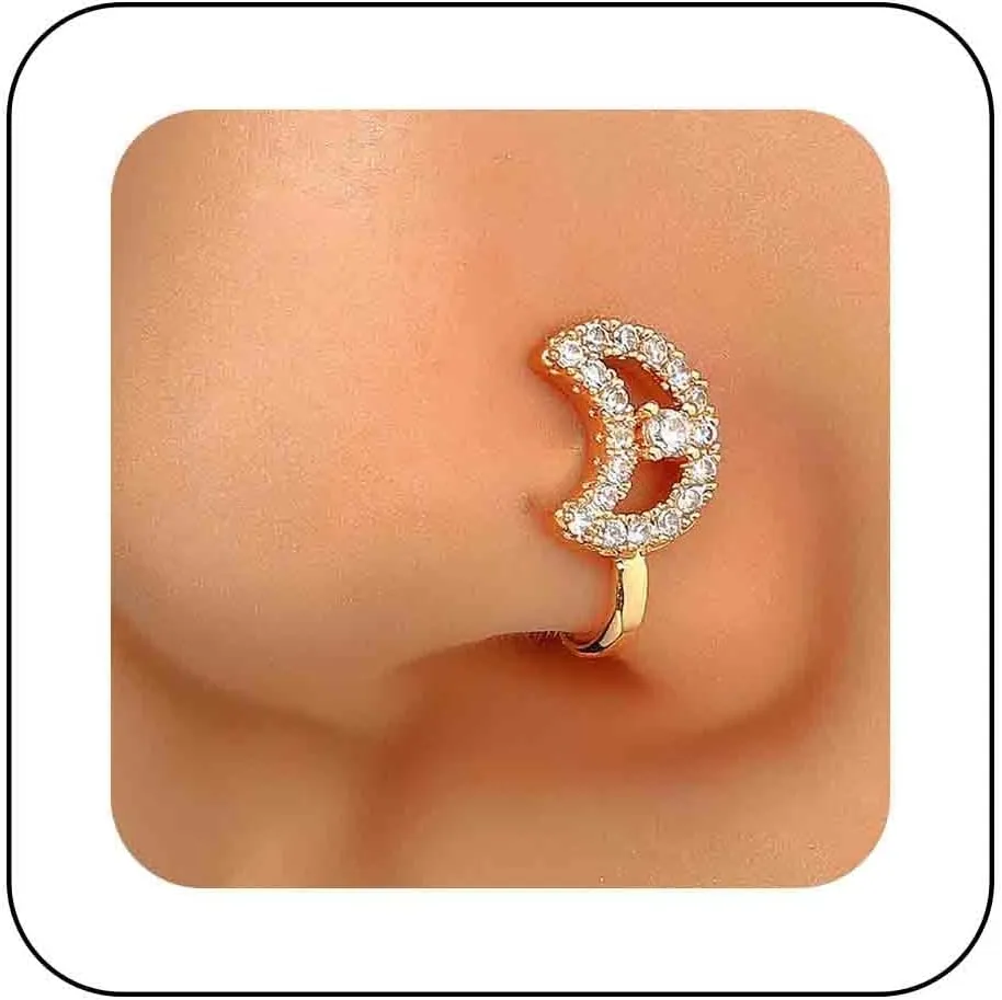 Boho Crystal Moon Nose Ring Cz Moon Fake Nose Ring Gold Fake Septum Nose Ring U Shape Clip on Nose Ring Bendable Tiny Moon Crescent Nose Ring Stud Jewelry Women