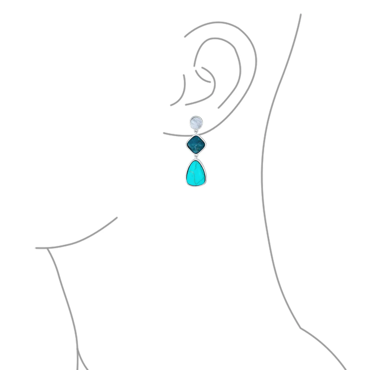 Boho Geometric Dangle Earrings Pink Quartz & Blue Turquoise Silver Plated