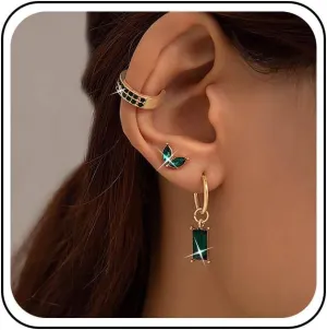 Boho Layered Ear Cuff Wrap Earring Crystal Cartilage Cuff Earrings Emerald Fake Helix Cartilage Earrings Vintage Cartilage Clip on Wrap Hoop Earrings Non Piercing Earring 1Set