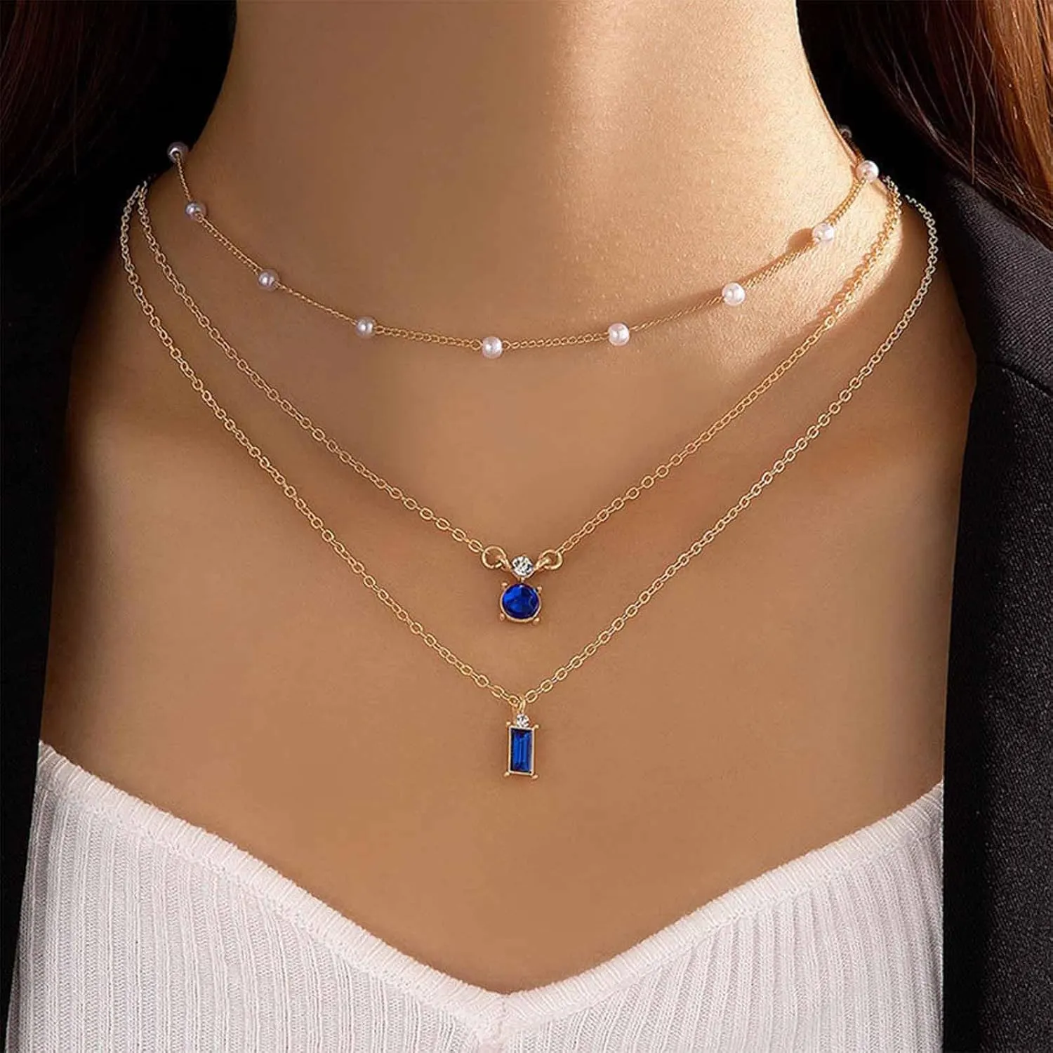 Boho Layered Sapphire Necklace Choker Gold Pearl Chain Necklace Blue Sapphire Choker Necklace Vintage Square Crystal Necklace Jewelry for Women