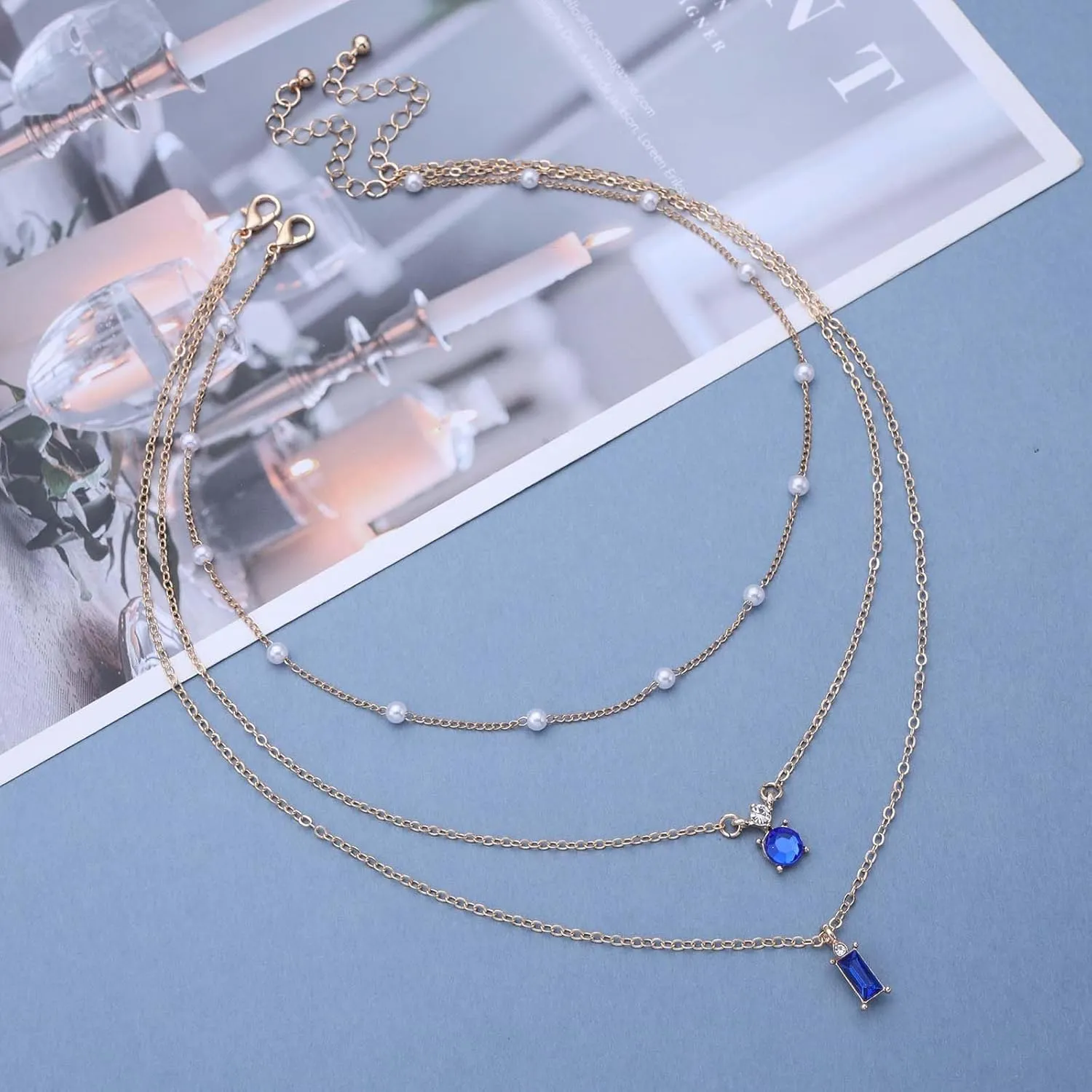 Boho Layered Sapphire Necklace Choker Gold Pearl Chain Necklace Blue Sapphire Choker Necklace Vintage Square Crystal Necklace Jewelry for Women