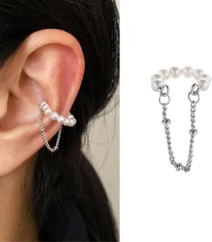 Boho Pearl Ear Cuffs Hoop Earrings Chain Silver Pearls No Piercing Cartilage Clip Earrings Pearl Crawler Climber Cuffs Wrap Earrings Statement Pearl Earrings Jewelry for Women