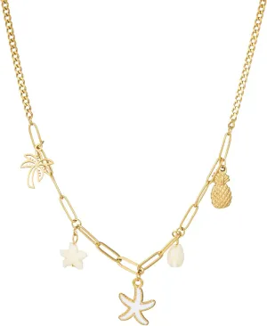 Boho Summer Starfish Sea Shells Coconut Tree Pineapple Pendant Charms Necklace For Women, Seashore Ocean Holiday Stainless Steel Chain Surfer Jewelry Choker Necklace Adjustable