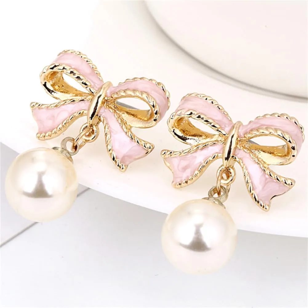 Bow Earrings for Women Trendy Gold Pearl Drop Dangle Earrings Bowknot Stud Wedding Party Daily Jewelry Accessory Gifts