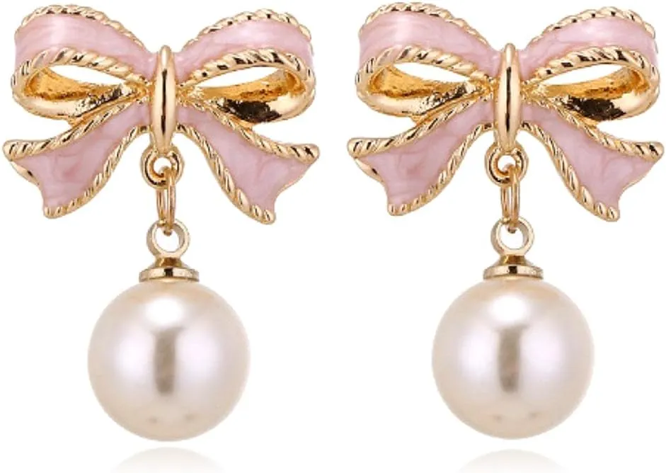Bow Earrings for Women Trendy Gold Pearl Drop Dangle Earrings Bowknot Stud Wedding Party Daily Jewelry Accessory Gifts
