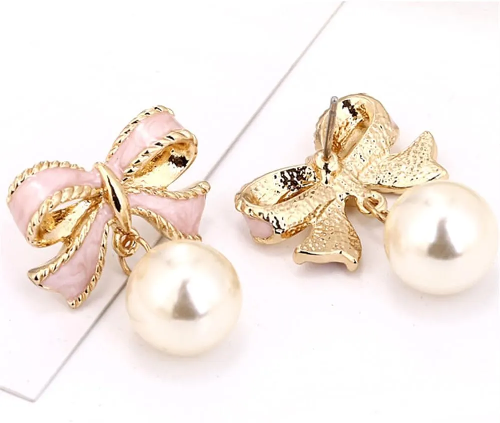 Bow Earrings for Women Trendy Gold Pearl Drop Dangle Earrings Bowknot Stud Wedding Party Daily Jewelry Accessory Gifts